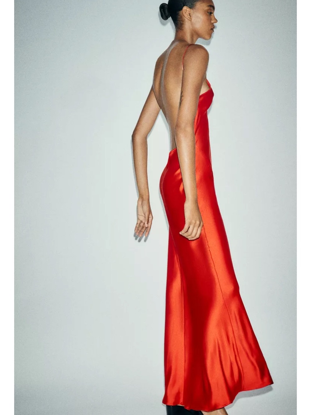 Zara Satin Effect Red Backless Slip Gown with Thin Straps